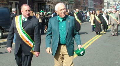 Senator Lautenberg walks with Hoboken Mayor Dave Roberts in the city's annual St. Patrick’s Day parade. Thousands of residents came to join in the celebration, which stretched from 14th Street to City Hall. The Hoboken parade is one of the biggest St. Patrick’s Day celebrations in New Jersey and nearly 20 percent of the city’s residents claim Irish heritage. (March 1, 2008)