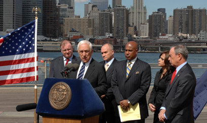 Senator Lautenberg was joined by Mayor Bloomberg as they called on Congress to pass the Senator's bill which would allow the Justice Department to block gun sales to people on the federal government’s terrorist watch list. Also joining them, from left: Mayor Jerramiah T. Healy of Jersey City, New York City Police Commissioner Raymond W. Kelly, Mayor Douglas H. Palmer of Trenton, and Devorah Halberstam, the mother of a shooting victim. (September 17, 2007) 