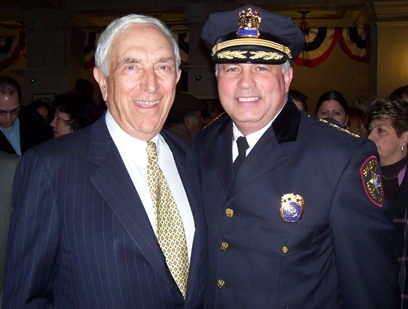 Senator Lautenberg congratulates Hudson County Sheriff Juan Perez during the Sheriff's inauguration. Senator Lautenberg was at the Justice Brennan County Courthouse in Jersey City to swear in Sheriff Perez and other Hudson County elected officials. (January 11, 2008)