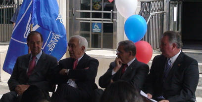 Senator Lautenberg joins in the dedication of the Bayonne Post Office in honor of former Mayor Dennis Collins. Also taking part in the ceremony were Rep. Albio Sires, Sen. Robert Menendez and former Governor Thomas Kean. (April 25, 2008)