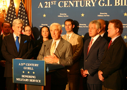 Senator Lautenberg joins Senators John Warner (R-VA; left), Chuck Hagel (R-NE) and Jim Webb (D-VA) and more than 20 veterans to celebrate the passage of a new GI bill that provides comprehensive educational benefits to those returning from Iraq and Afghanistan. The four senators led the fight for the bill which passed both houses of Congress overwhelmingly in June and is now law. (June 26, 2008)