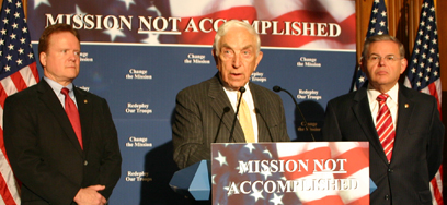 Five years after President Bush stood under a "Mission Accomplished" banner and claimed major fighting for U.S. troops in Iraq had ended, Senator Lautenberg, Sen. Jim Webb (D-VA; left) and Sen. Robert Menendez (D-NJ) remind the President that the mission is not accomplished and demand a change of course in Iraq. Since the President's speech on the U.S.S. Abraham Lincoln, America has lost more than 3,900 troops and is now spending $3 billion a week on the war. (May 1, 2008)