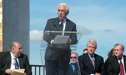 President Bill Clinton, Mayor Joseph Doria (left) and Chairman Sergey M. Mironov listen as Senator Lautenberg addresses a rememberance of September 11th in Bayonne, NJ. (September 11, 2006)