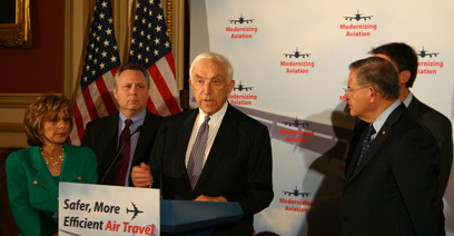Senator Lautenberg joins Sen. Barbara Boxer (D-CA), National Air Traffic Controllers Association President Patrick Forrey, Transportation Trades Department President Ed Wytkind and Sen. Robert Menendez (D-NJ) to support the passage of the FAA reauthorization bill that is before the Senate. The bill would reauthorize all aviation programs for three years and provide more than $9 billion for air traffic control upgrades and $12 billion for airport infrastructure improvements. The bill also addresses safety concerns both in the air and on the ground and requires airlines to have backup plans for substantial delays. (April 30, 2008)