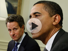 President Obama speaks while Timothy Geithner looks on.