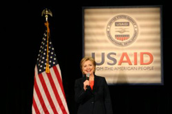 Photo: U.S. Secretary of State Hillary R. Clinton addresses USAID employees at the Ronald Reagan Building.  Credit: Gina Jackson, USAID -- Click for high-resolution image