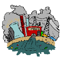A factory with smokestacks belching grey smoke