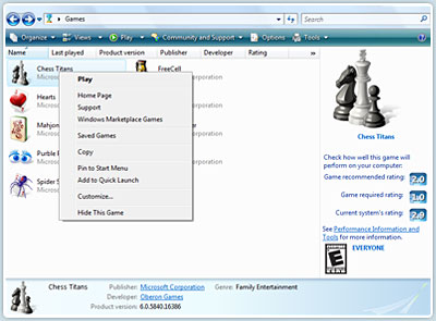 Windows Vista Premium Home edition has Games Explorer for easy access to games