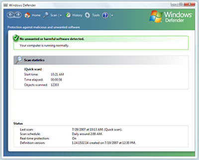 Windows Vista Home Premium with Windows Defender protects you from unwanted software