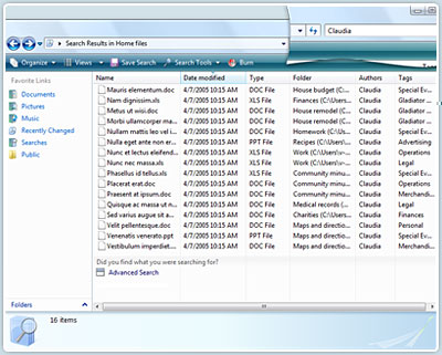 Windows Vista Ultimate has search boxes to save frequent searches for quick access.