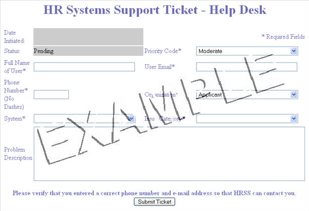 Snap shot of HR Systems Support help desk ticket
