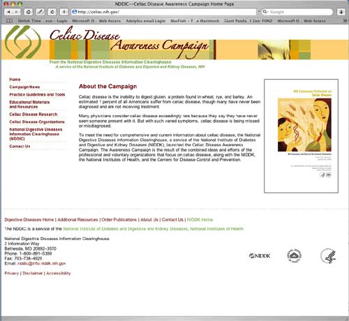 Screenshot of the front page of the Celiac Disease Awareness Campaign website.