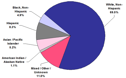 Pie chart titled: Distribution of Mammograms in 1996-2006 by Race/Ethnicity