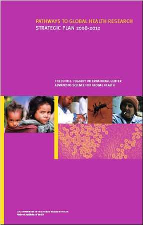 Cover of Fogarty's strategic plan with photos of people and cells under a microscope on a purple background.