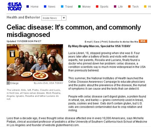 Screenshot of story on “USA Today” website about celiac disease.