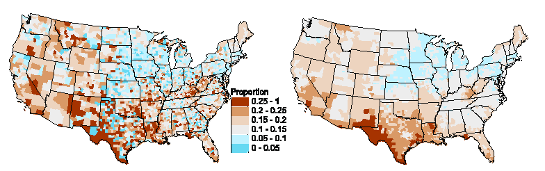 Two US maps show the relative proportion of residents without health insurance. The original data contains many small regions; after head-bang smoothing is applied, regions are larger and more broadly defined.