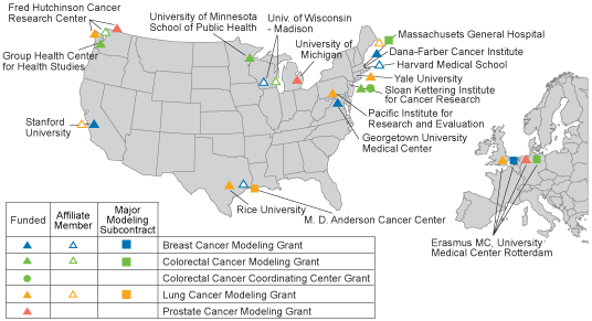 Map showing the locations of the CISNET affiliates in the US and Europe.