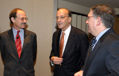 Former NIH director Dr. Harold Varmus at left meets with FIC director Dr. Roger Glass (c) and Dr. Lawrence Tabak (r), who is both NIDCR director and acting deputy NIH director