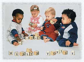 Babies playing on the floor with wooden blocks that spell out: Health Topics