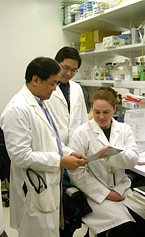 A research team consults over results.