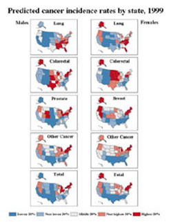 Maps showing absolute rates of predicted cancer incidence in each US state in 1999, for each sex and for a variety of cancer sites