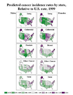 Maps showing relative rates of predicted cancer incidence in each US state in 1999, for each sex and for a variety of cancer sites