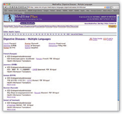 Screenshot of the MedlinePlus website listing foreign-language health information.
