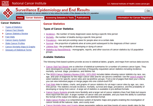 Screenshot of the Cancer Stastics page with the website's new look