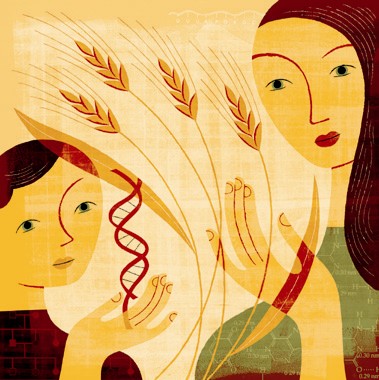 Artwork for conference showing woman, child, DNA double helix and wheat.