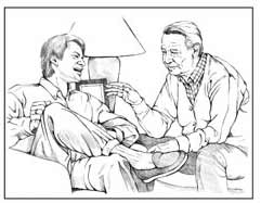 Drawing of a father and son sitting together and talking.
