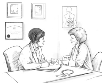 Drawing of a female physician and a female patient sitting at a table and talking. The physician’s hand is placed over the patient’s.