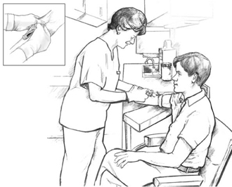 Drawing of a female health professional drawing blood from a man’s arm. A close-up image is included.