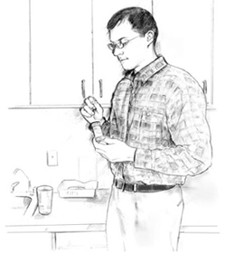 Drawing of a man taking a pill out of a medication bottle.