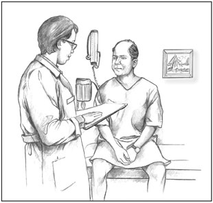 Drawing of a male patient sitting on an exam table while talking to a health care provider.