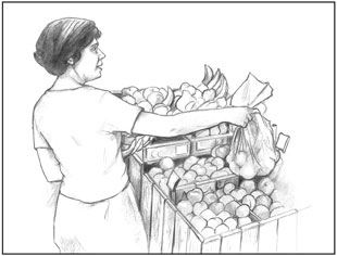 Drawing of a female bagging produce at the supermarket.
