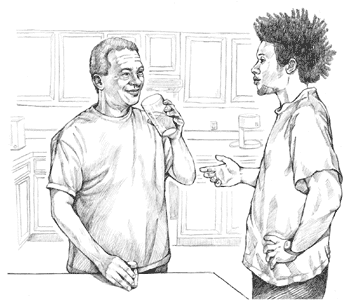 Illustration of two men talking.