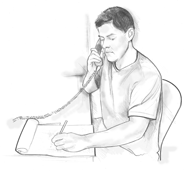 Ilustración de un hombre sentado en una mesa y hablando por teléfono mientras escribe en un cuadernillo.