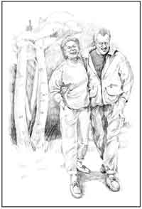 Drawing of a happy Caucasian woman and man walking with their arms around each other.