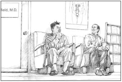 Drawing of a middle-aged Asian man and a younger Asian man sitting in a doctor’s waiting room.
