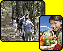 Image of a group of teens hiking and image of a girl with vegetables basket
