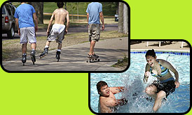 Image of boys skating and image two kids playing in the pool