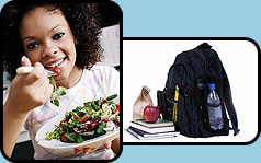 Image of a girl eatin salad and image of book bag with lunch bag