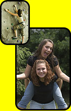 Image of a girl rock climbing and image of two girls playing piggy back riding