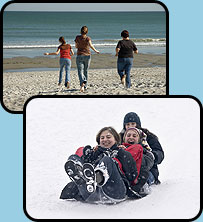 Image of teens running on the beach and image of teens sliding down snowy slope