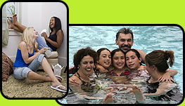 Image of two teens talking and laughing and image of a family of six in swimming pool