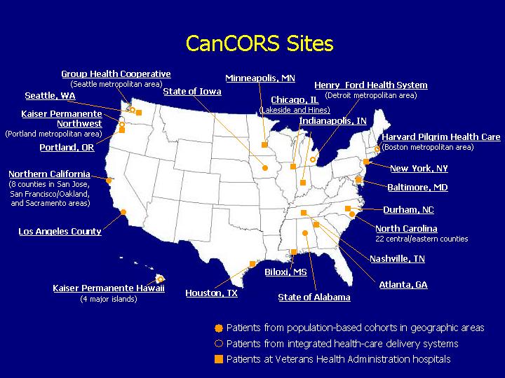 A map of the United States, showing the locations of CanCORS sites.