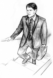 Drawing of a man in a suit carrying a briefcase who is walking up a flight of stairs.