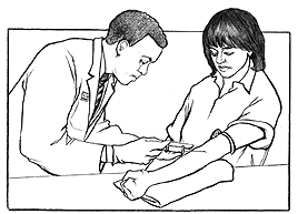 Doctor taking a blood sample from a woman's arm.