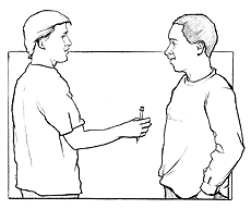 Man offering another man a syringe.