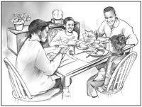 Una familia cenando juntos en la mesa del comedor